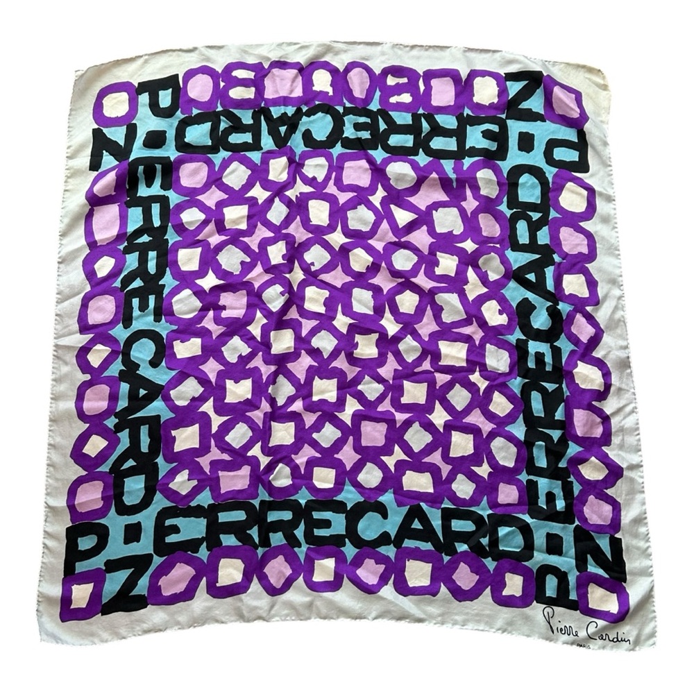 Vintage Pierre Cardin 100%‎ Silk Block Letter Logo Border Geometric Print Scarf